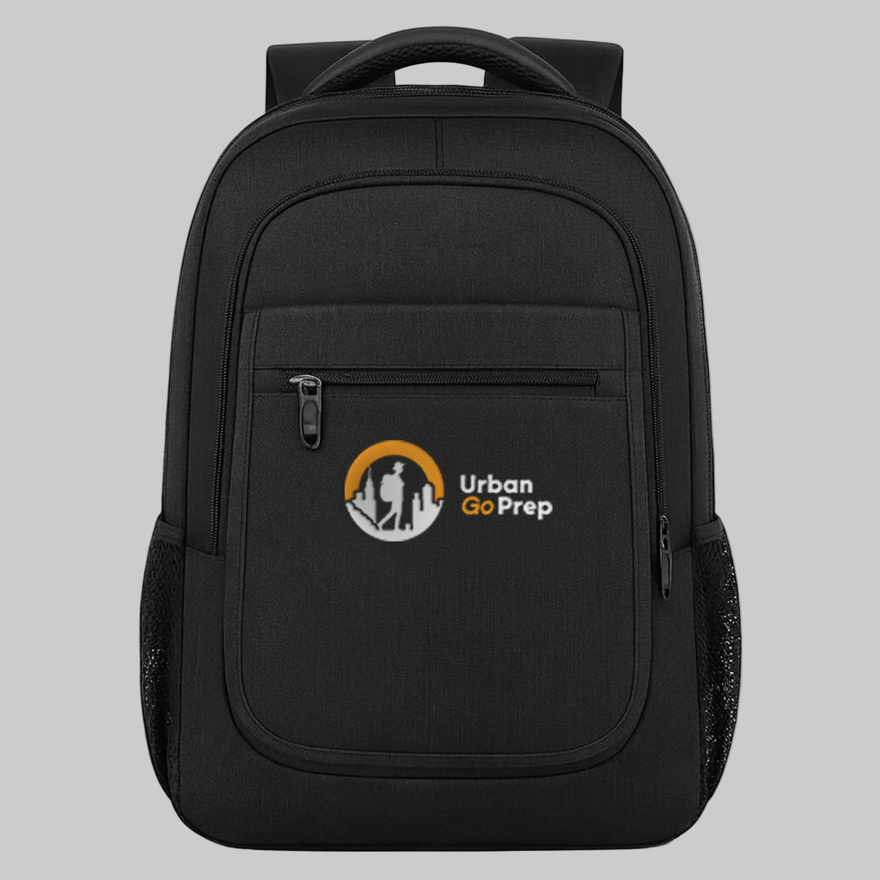 Black backpack with Urban Go Prep logo on a grey background