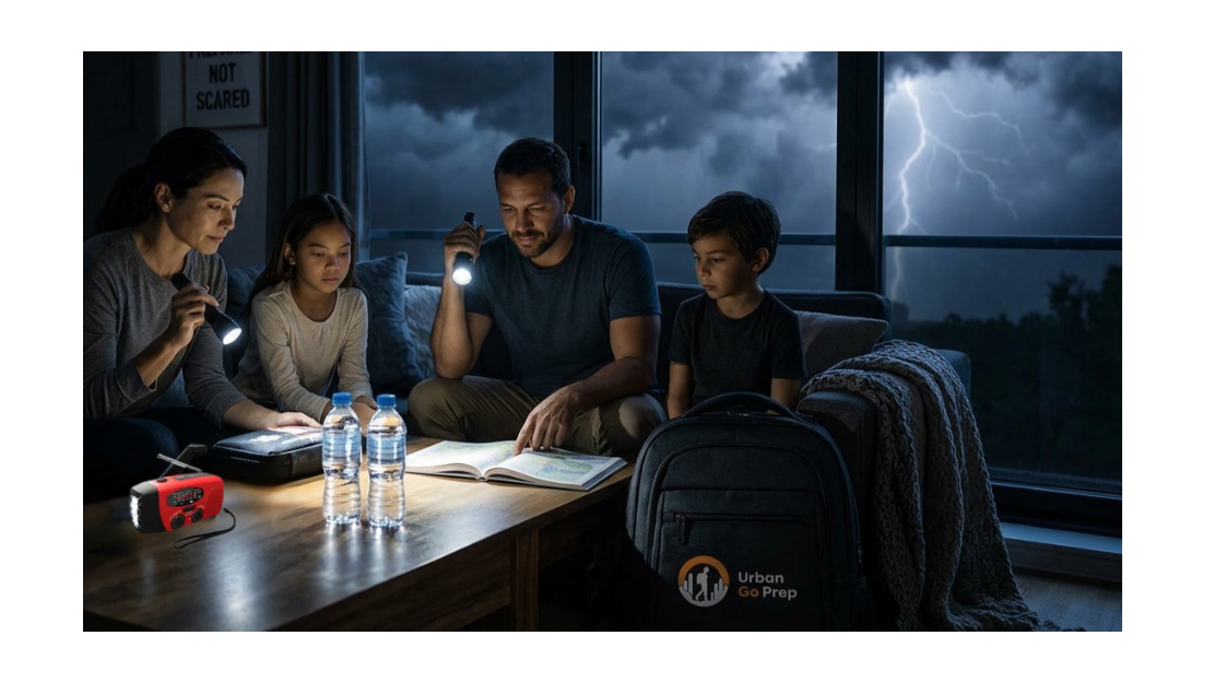 Family sitting on a couch in a dark room with flashlights, looking at a map, with a stormy sky outside.