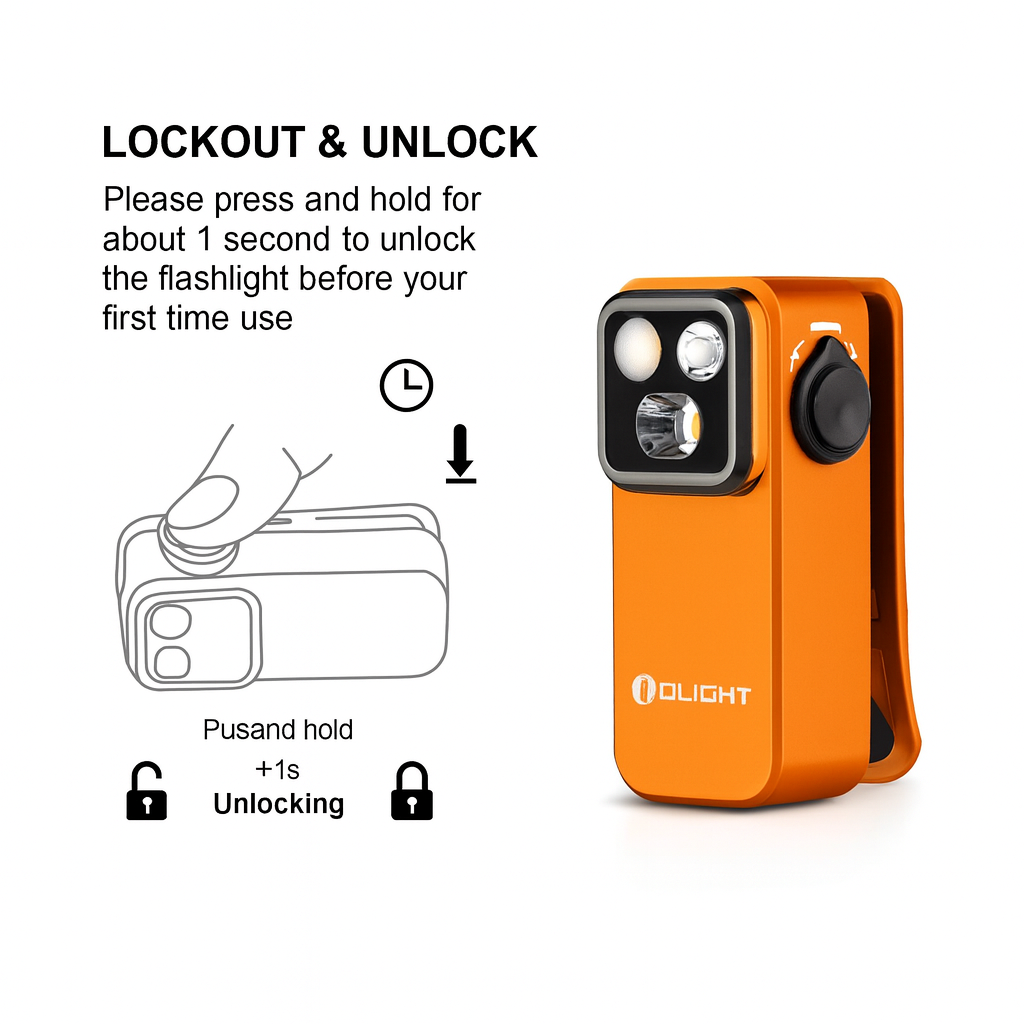 Orange flashlight with unlocking instructions on a white background