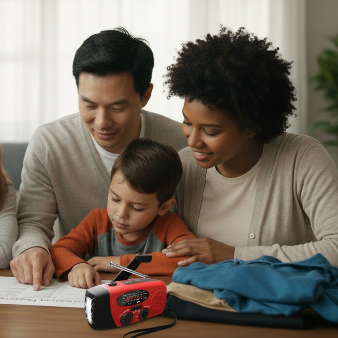 Family preparing for a trip with backpacks and supplies on a table.