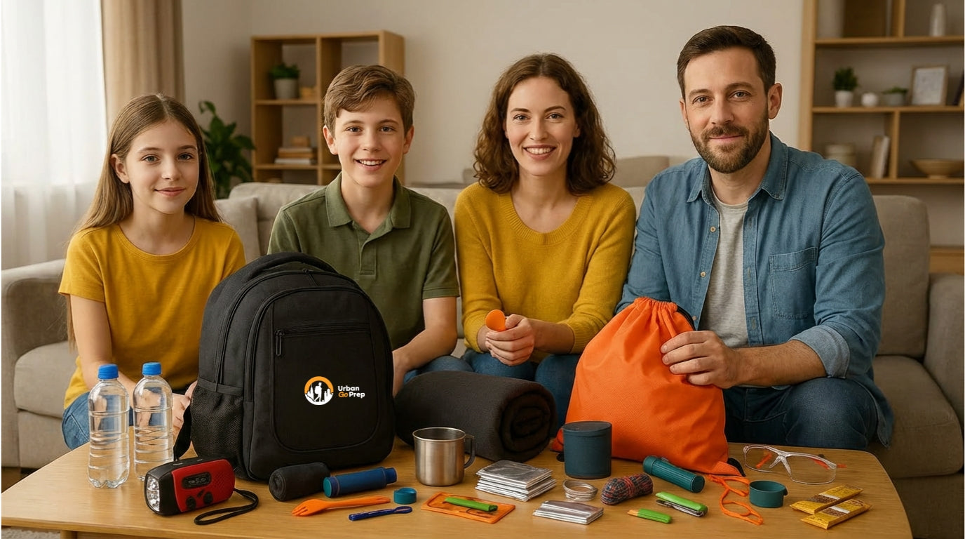Family sitting around a table with emergency supplies in a living room. Urban Go Prep Bag is visible.