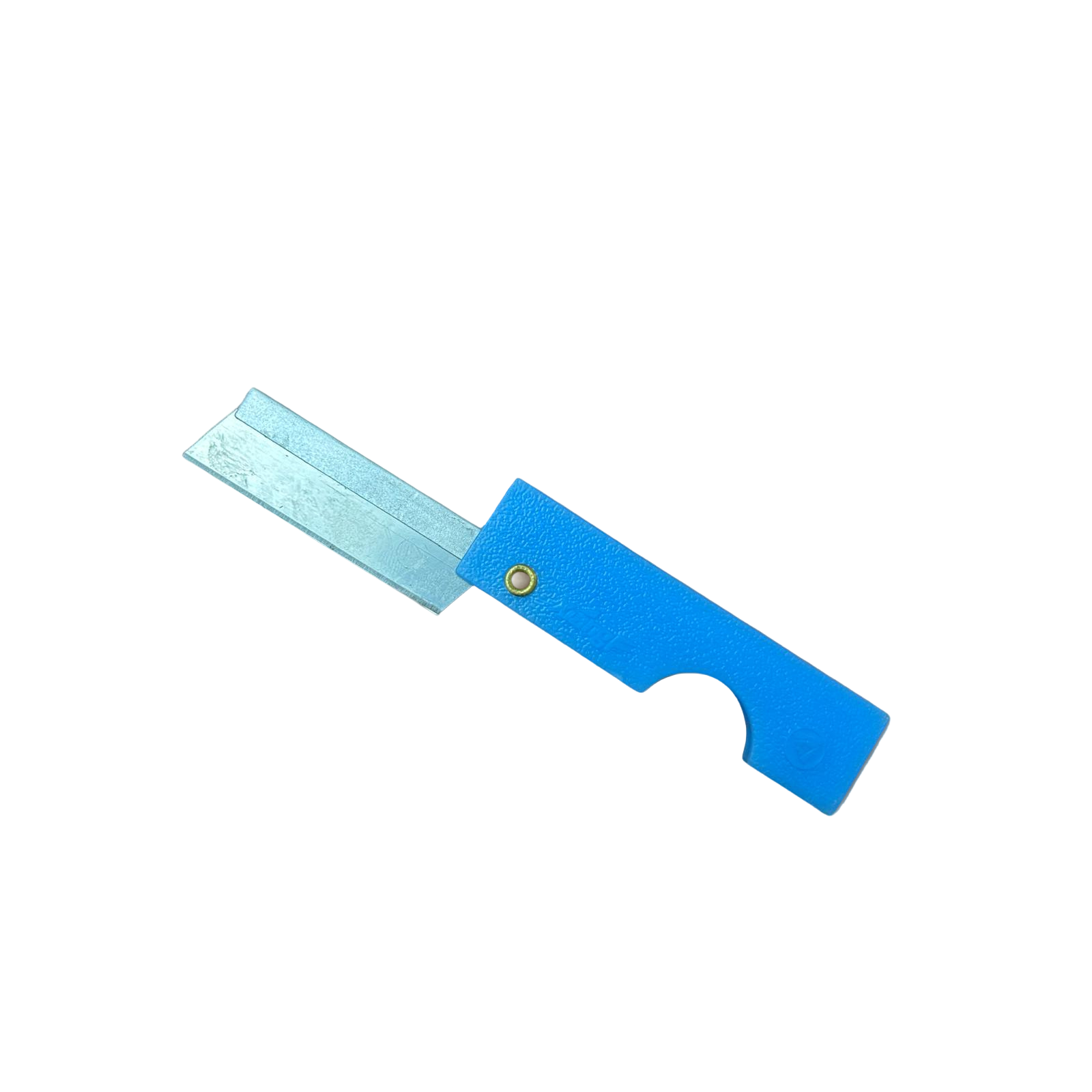 Folding Razor Knife opened blade view survival cutting tool. Blue color.