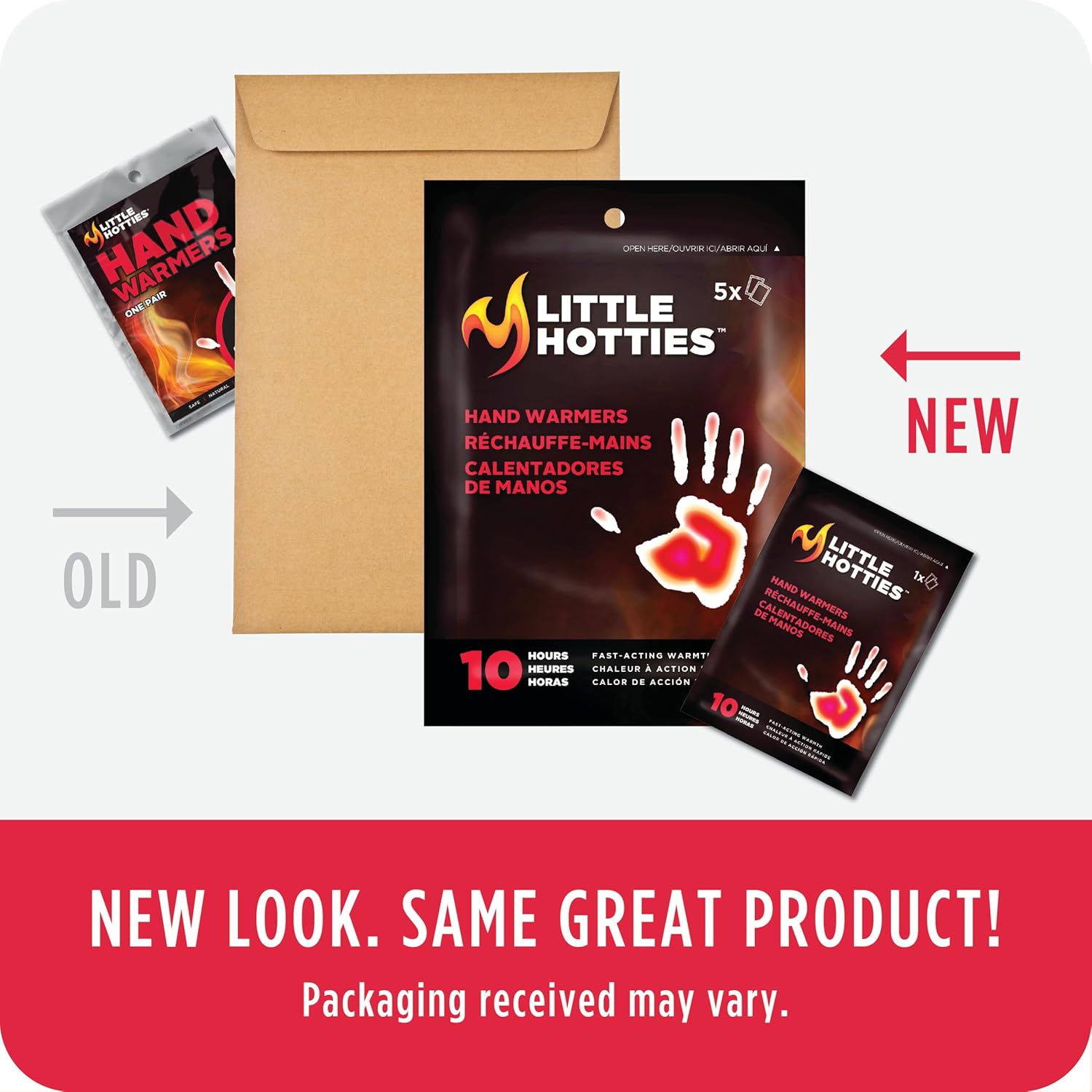Comparison of old and new packaging for Little Hotties hand warmers with a beige envelope.