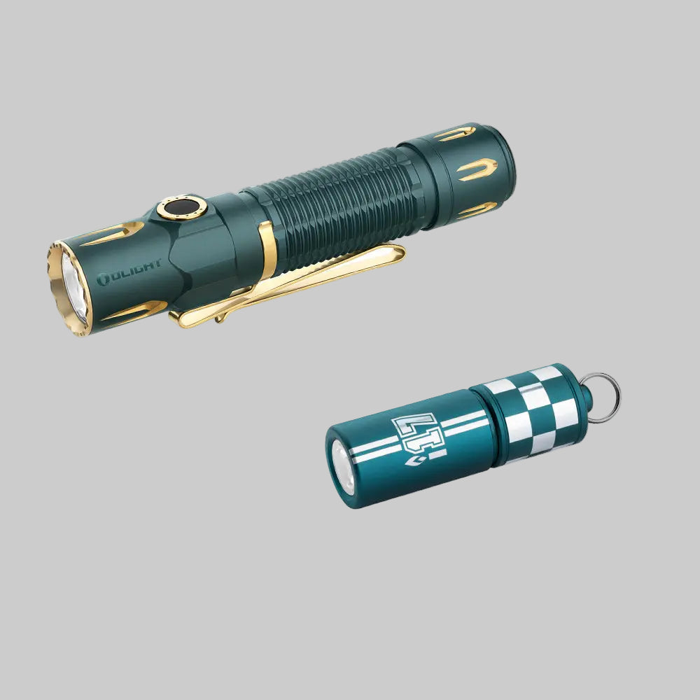 Olight Warrior 3S High Beam Tactical Flashlight Bundle by Urban Go Prep o n grey background