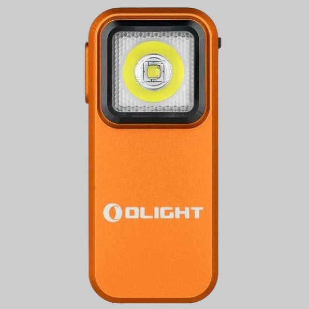 Orange flashlight with Olight logo on a gray background