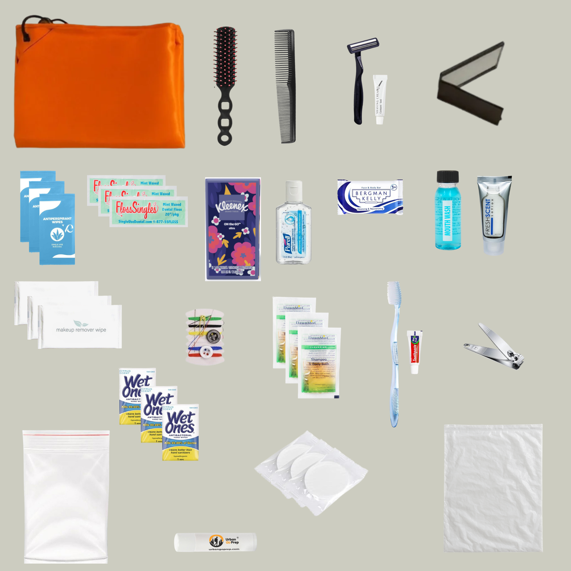 Collection of personal hygiene items including an orange bag, toothbrush, toothpaste, and other toiletries on a grey background.