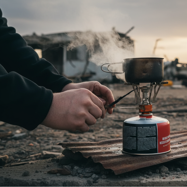 Pocket Butane Stove in use emergency outdoor cooking