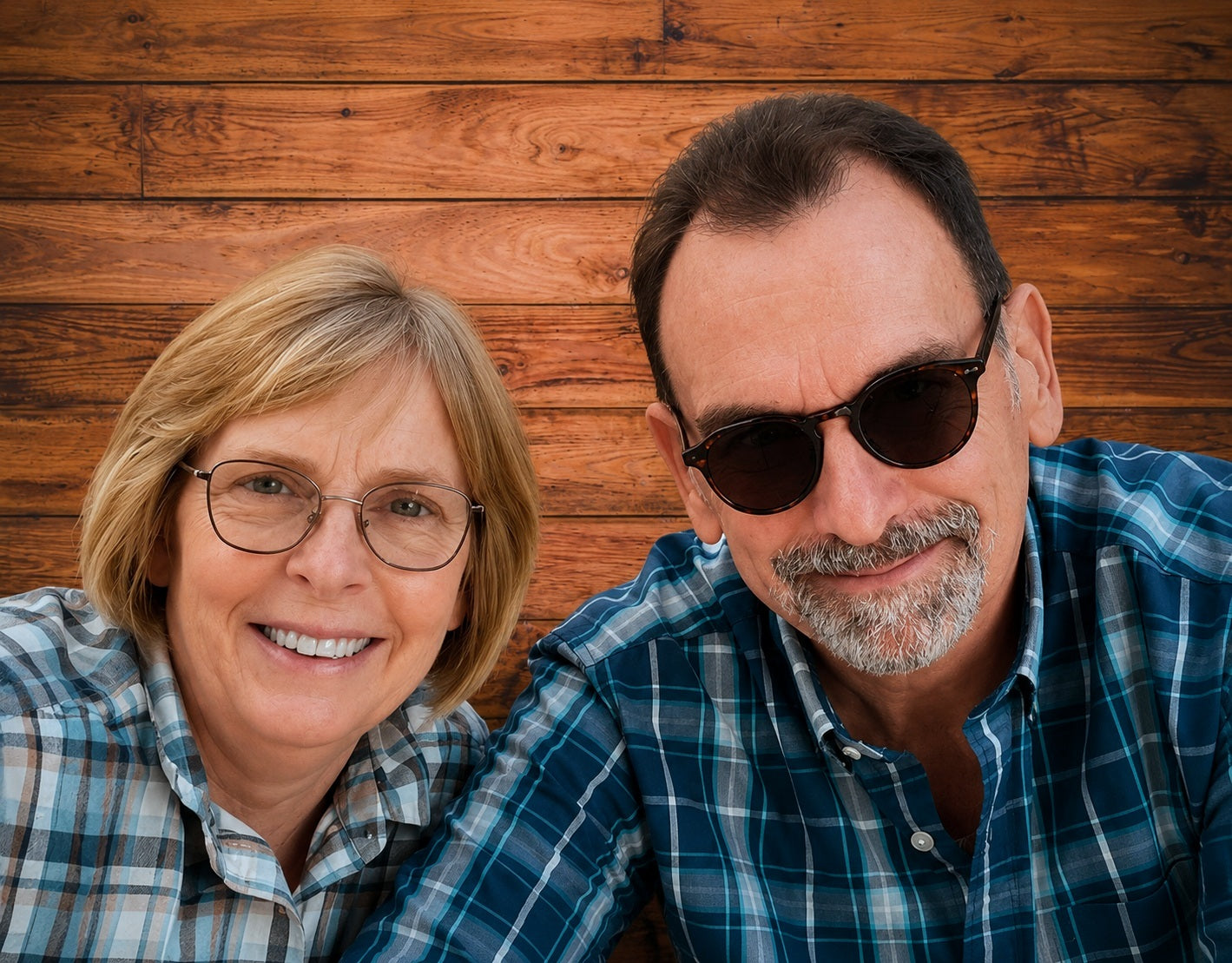 A smiling blonde woman with glasses and a man with sunglasses and a blue plaid shirt, both looking toward the camera against a rustic wooden plank background.