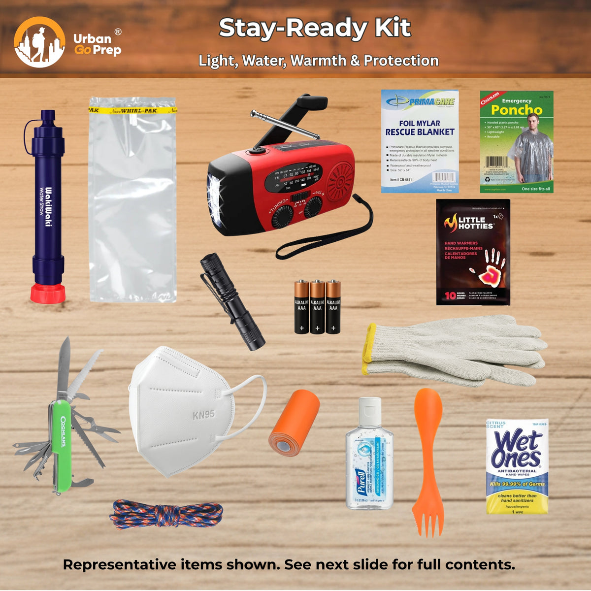 Stay-Ready Kit with hand-crank radio, flashlight, water filter, poncho, rescue blanket, multitool and work gloves.