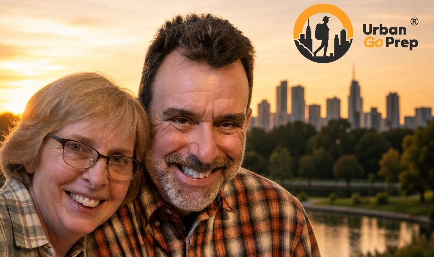 A smiling couple posing outdoors at sunset with a city skyline and lake in the background. The man wears a brown and orange plaid shirt, and the woman wears a plaid top.