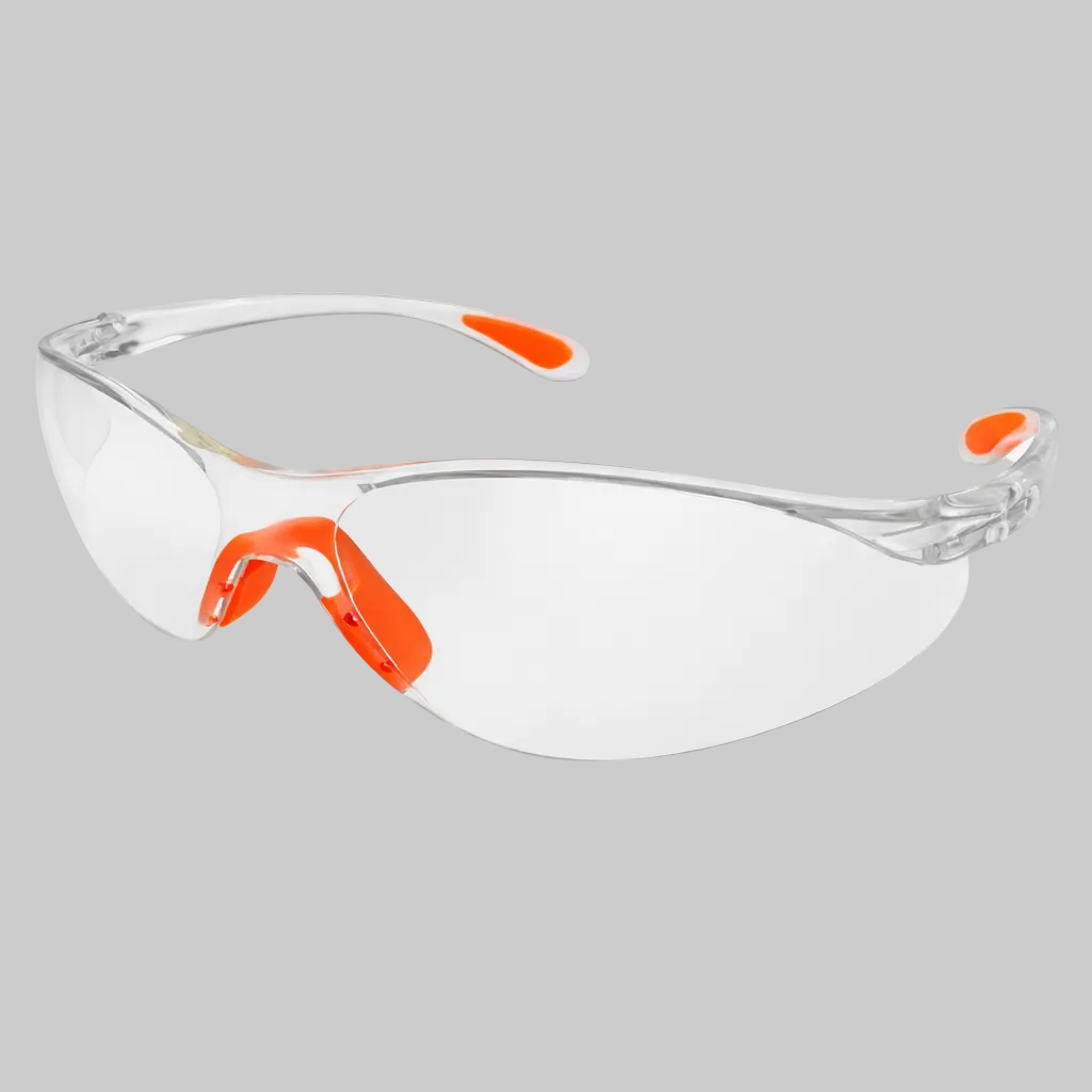 Clear safety glasses with orange accents on a gray background