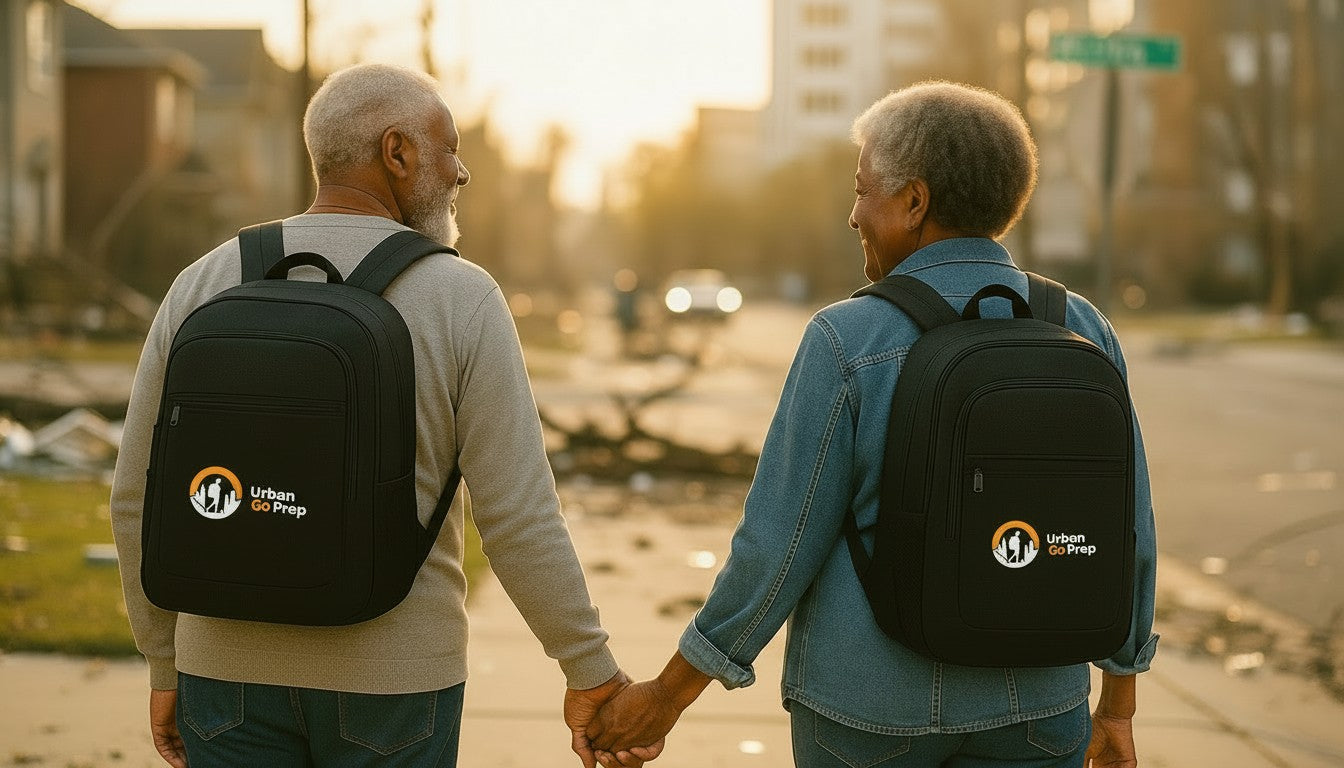 Two people holding hands with backpacks on a street at sunset wearing Urban Go Prep backpacks.