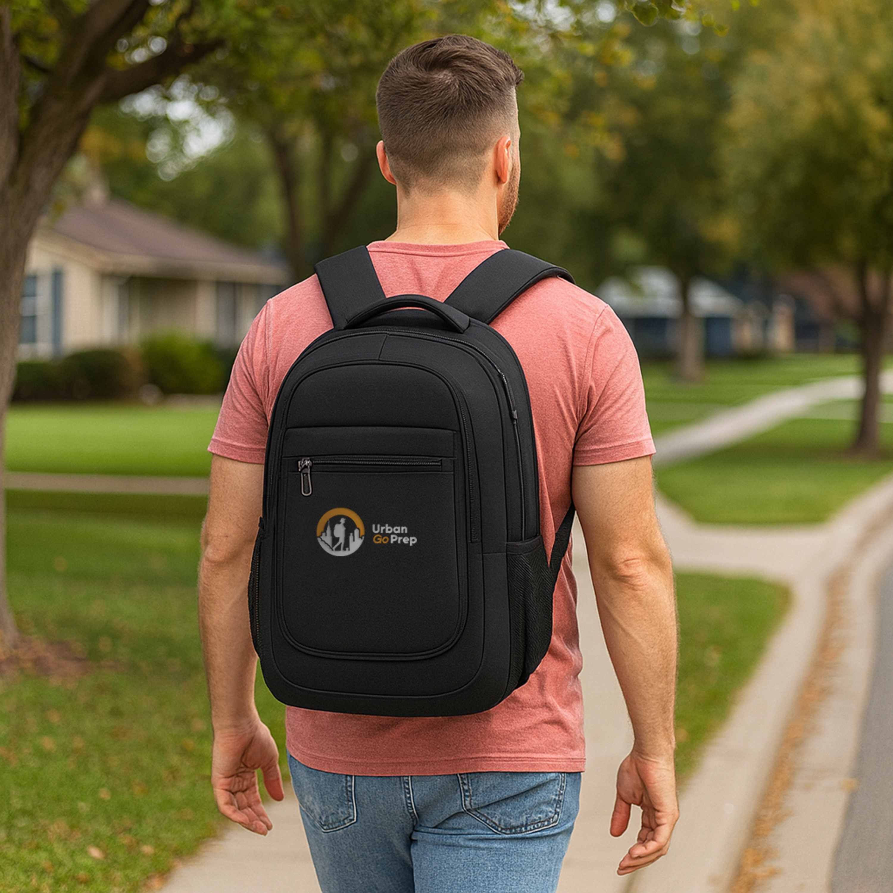 Man walking outdoors wearing a black backpack with &