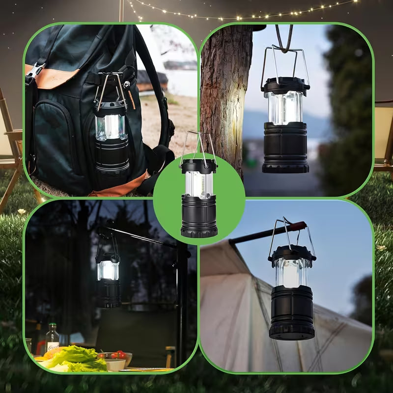 Collage of a camping lantern in various settings including a backpack, tree, and outdoor scene.