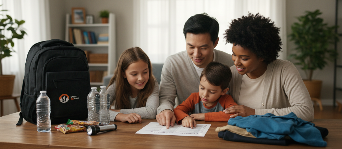 Family prepared for a power outage at home with emergency lighting and supplies