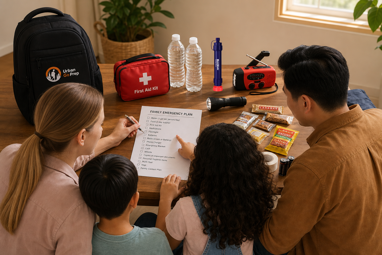 Family at table with emergency supplies