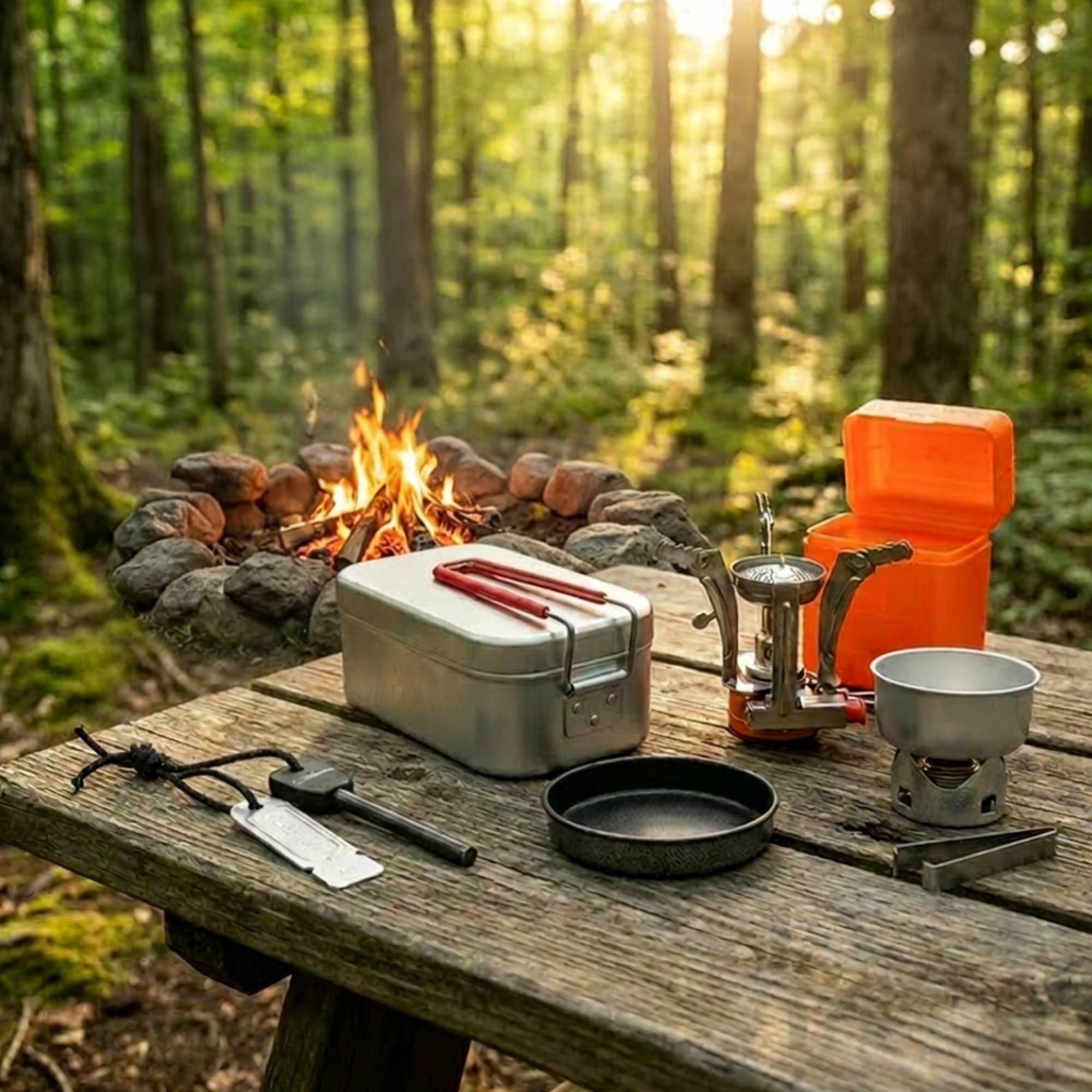 Several cooking tools including cooking tin with handle, flint striker, pocket stove and Trangia cooking kit