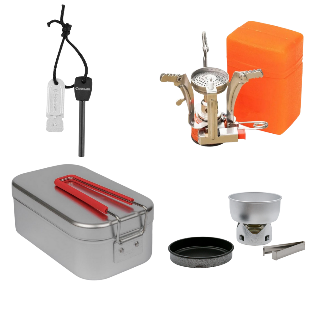 Several cooking tools including cooking tin with handle, flint striker, pocket stove and Trangia cooking kit