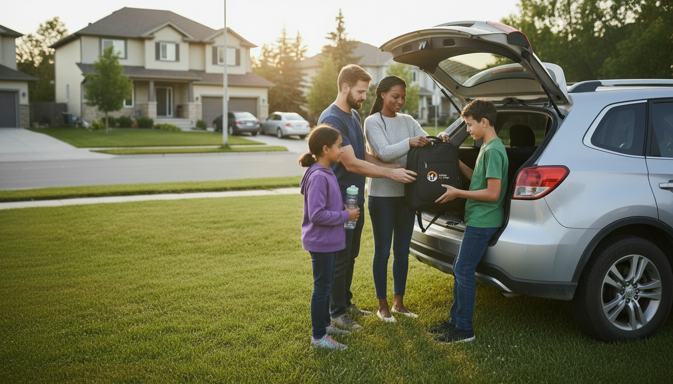 A family of four stands at the open trunk of a silver SUV on a green lawn, handling a black bag. The scene is set in a suburban neighborhood during late afternoon sunlight.
