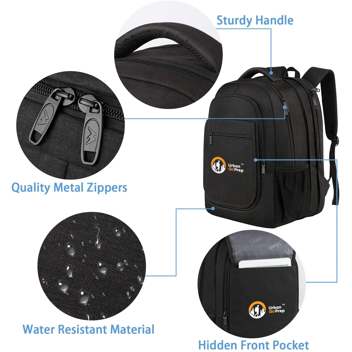 Urban Go Prep  backpack with features highlighted on a white background