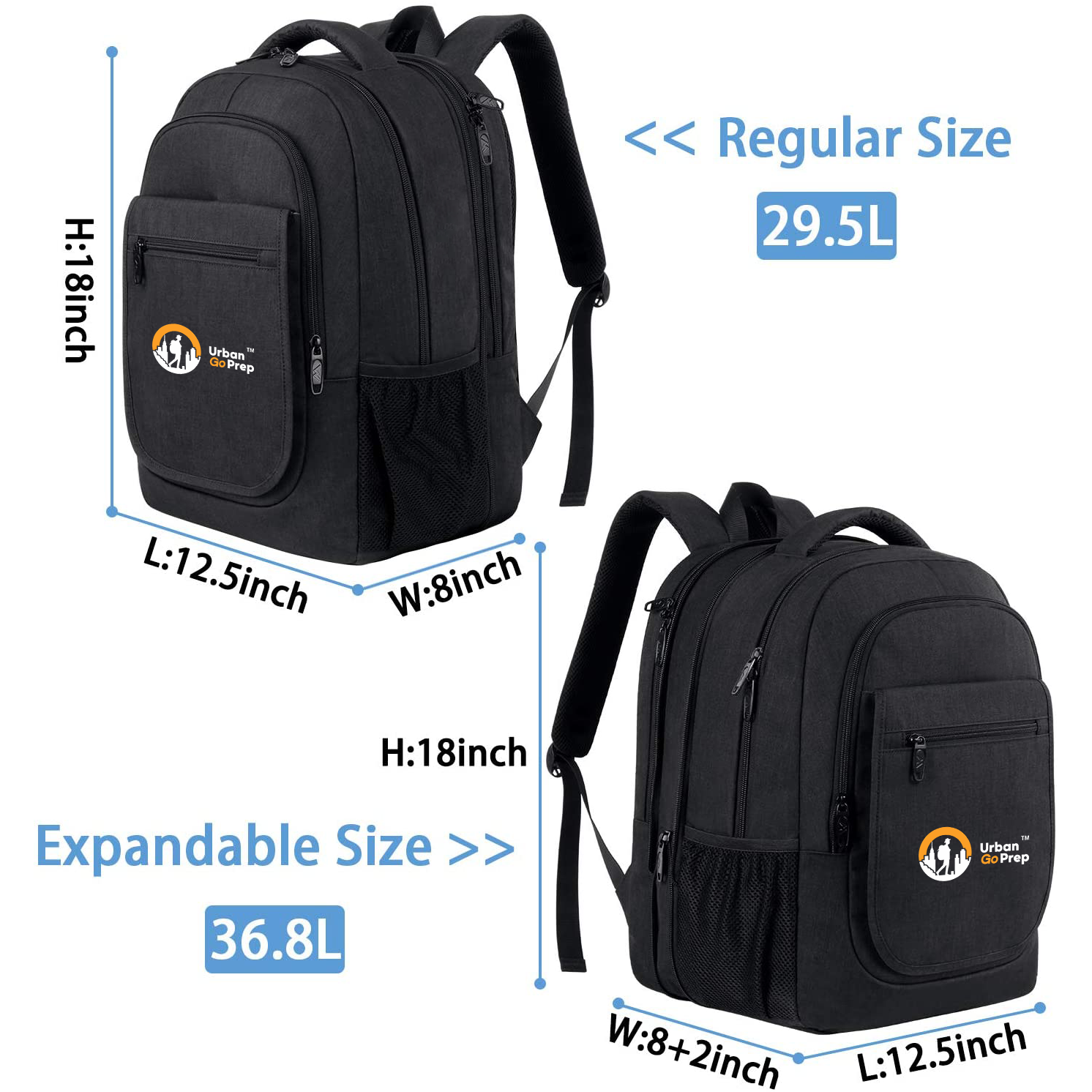 Urban Go Prep brand Black backpack with measurements and expandable feature on a white background