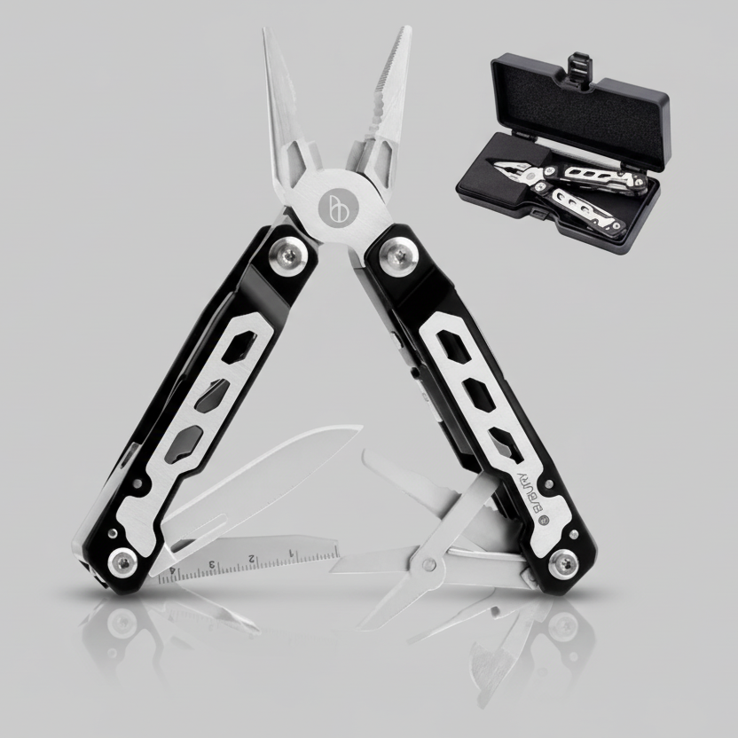 Multitool with various tools and a carrying case on a white background