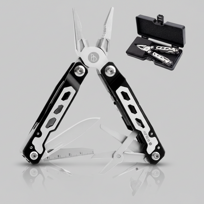 Multitool with various tools and a carrying case on a white background