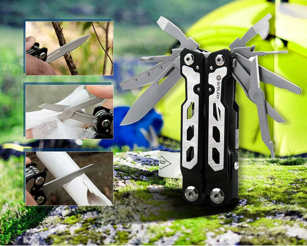 Multitool with various tools on a green outdoor background, featuring the brand &