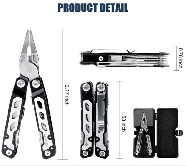Multitool with measurements on a white background