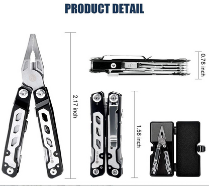 Multitool with measurements on a white background