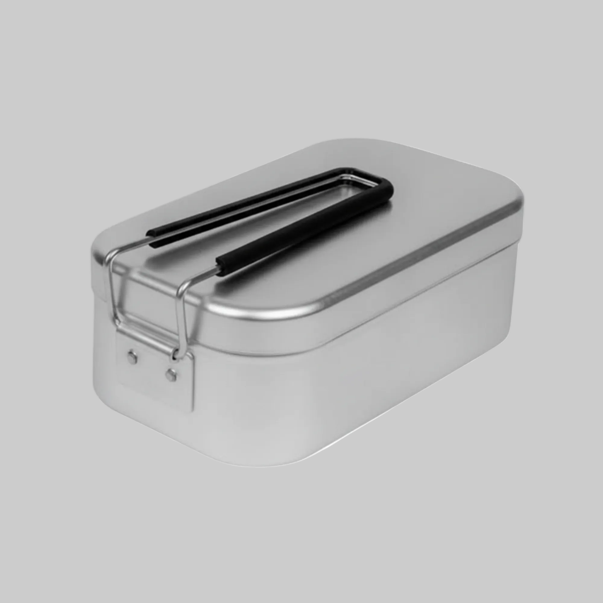 Metal mess tin box with a black handle on a white background