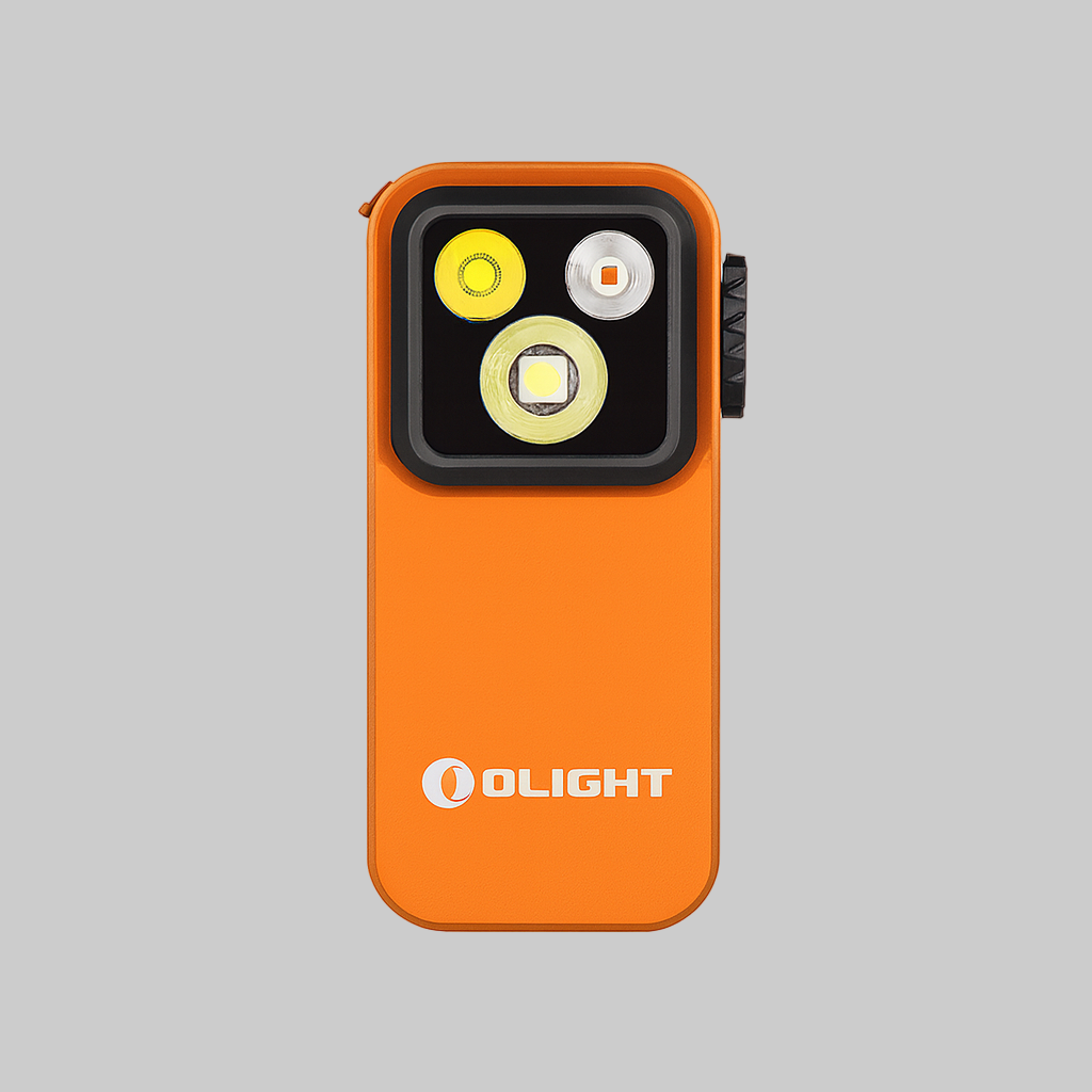 Orange flashlight with Olight logo on a white background