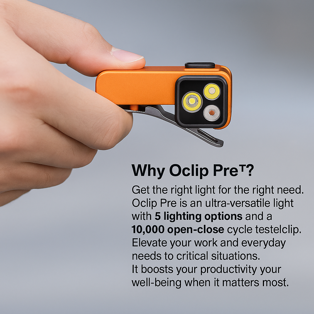 Olight Oclip Pro versatile clip-on flashlight in use

