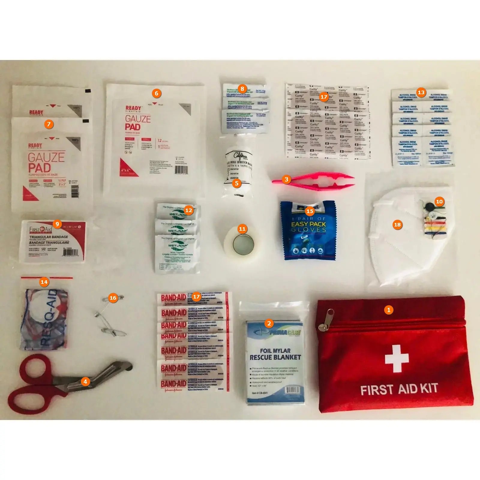   First Aid Essentials Basic Kit  - Numbered LIst Top view