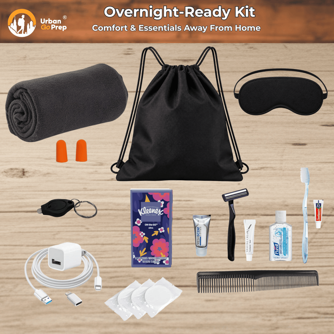 Urban Go Prep Overnight-Ready Kit with black drawstring bag, fleece blanket, sleep mask, earplugs, toiletries and charging cable.