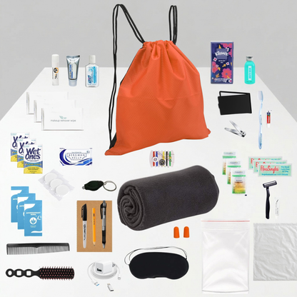 Collection of travel items including an orange drawstring bag, toiletries, and personal care products on a white background.
