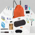 Collection of travel items including an orange drawstring bag, toiletries, and personal care products on a white background.