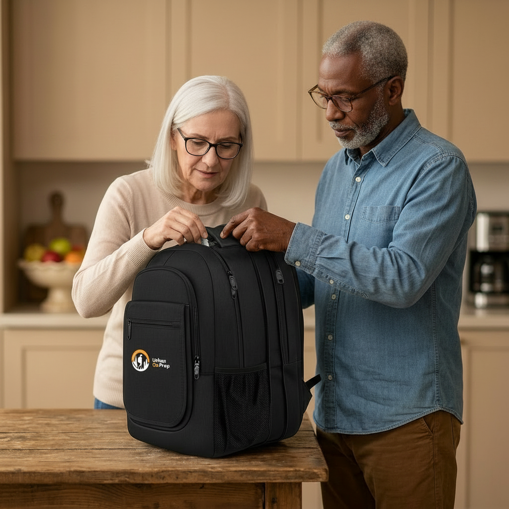An elderly couple standing in a kitchen setting, demonstrating how to open a black backpack with a white and orange circular logo on the front pocket.