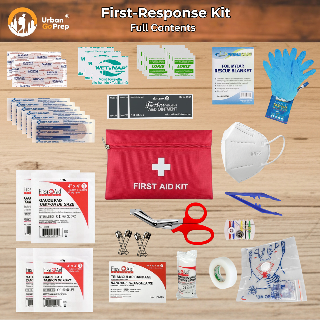 Urban Go Prep First-Response Kit contents with red first aid pouch, bandages, gauze, gloves, mask, emergency blanket, scissors and CPR face shield.