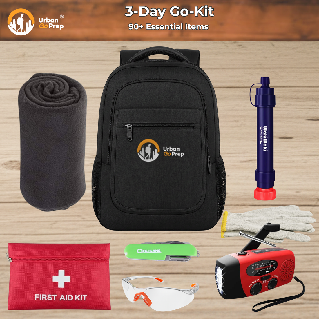 Urban Go Prep 3-Day Go-Kit with black backpack, blanket, water filter straw, first aid kit, multi-tool, safety glasses, gloves and emergency radio. 