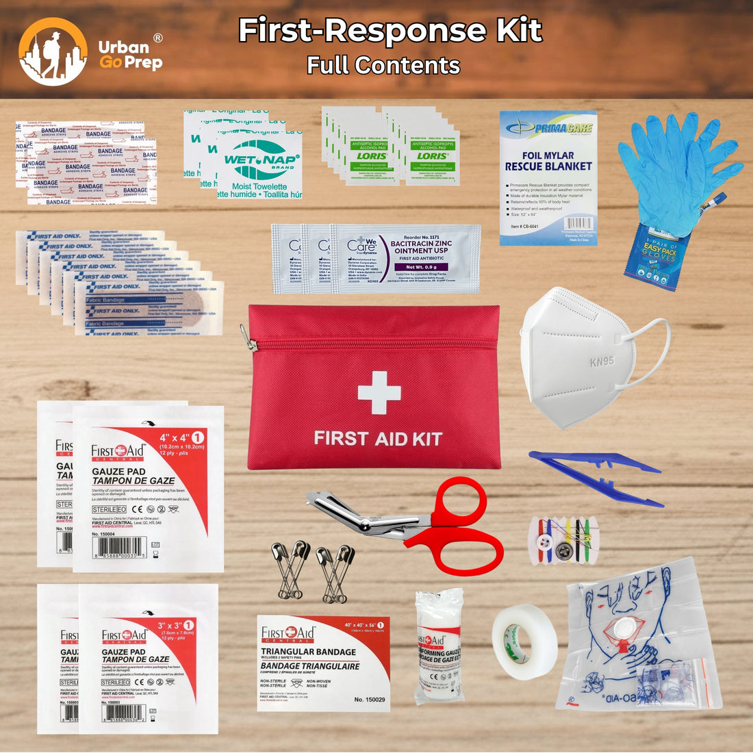 Urban Go Prep First-Response Kit full contents laid out on a light wood background, including a red first aid pouch, blue gloves, face mask, gauze pads, bandages, tourniquet, scissors, and other emergency response supplies.