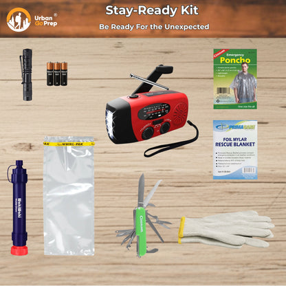 Stay-Ready Kit with hand-crank radio, flashlight, water filter, poncho, rescue blanket, multitool and work gloves