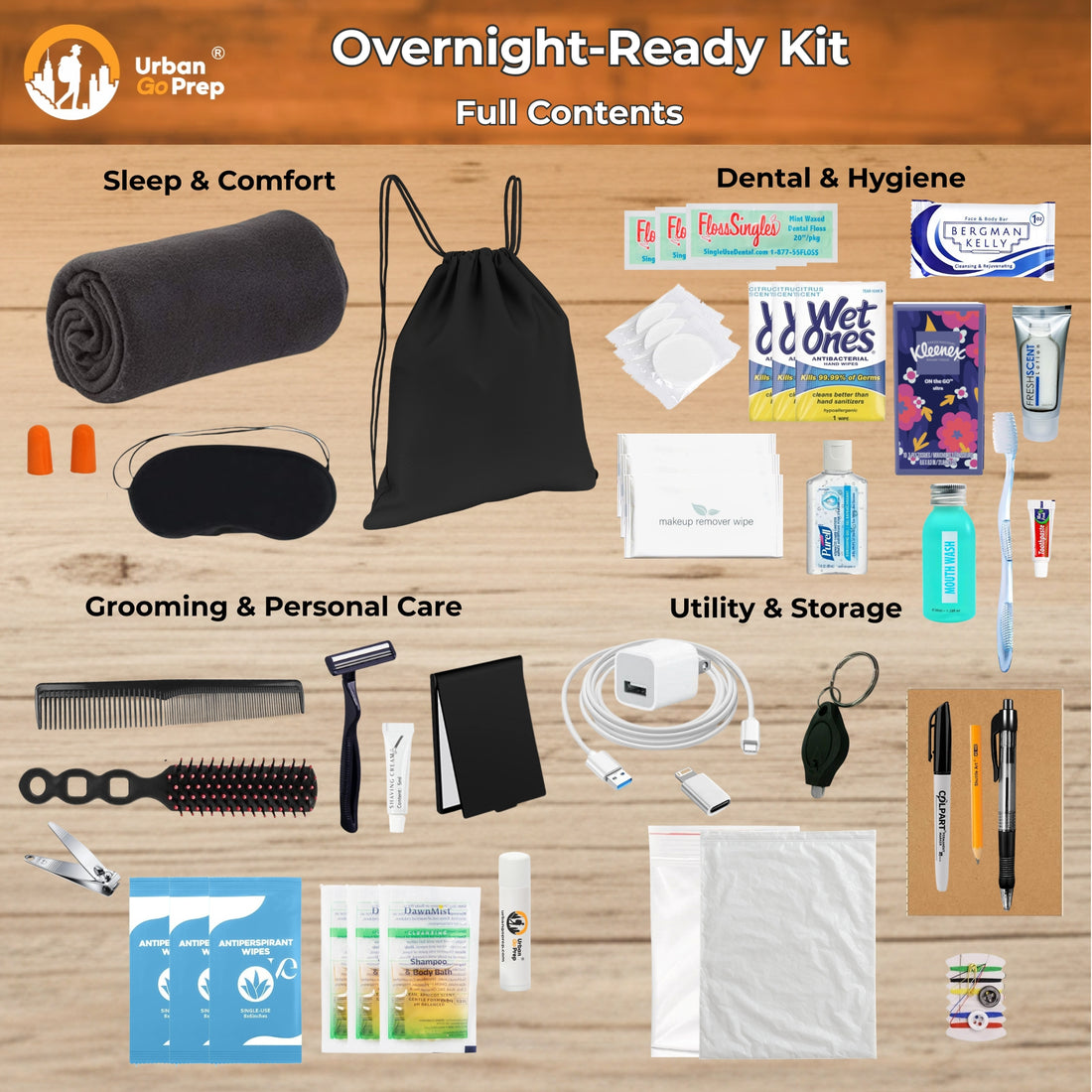 Urban do Prep Overnight-Ready Kit full contents laid out on a light wood background, including sleep and comfort items, dental and hygiene items, grooming and personal care items, and utility and storage items.