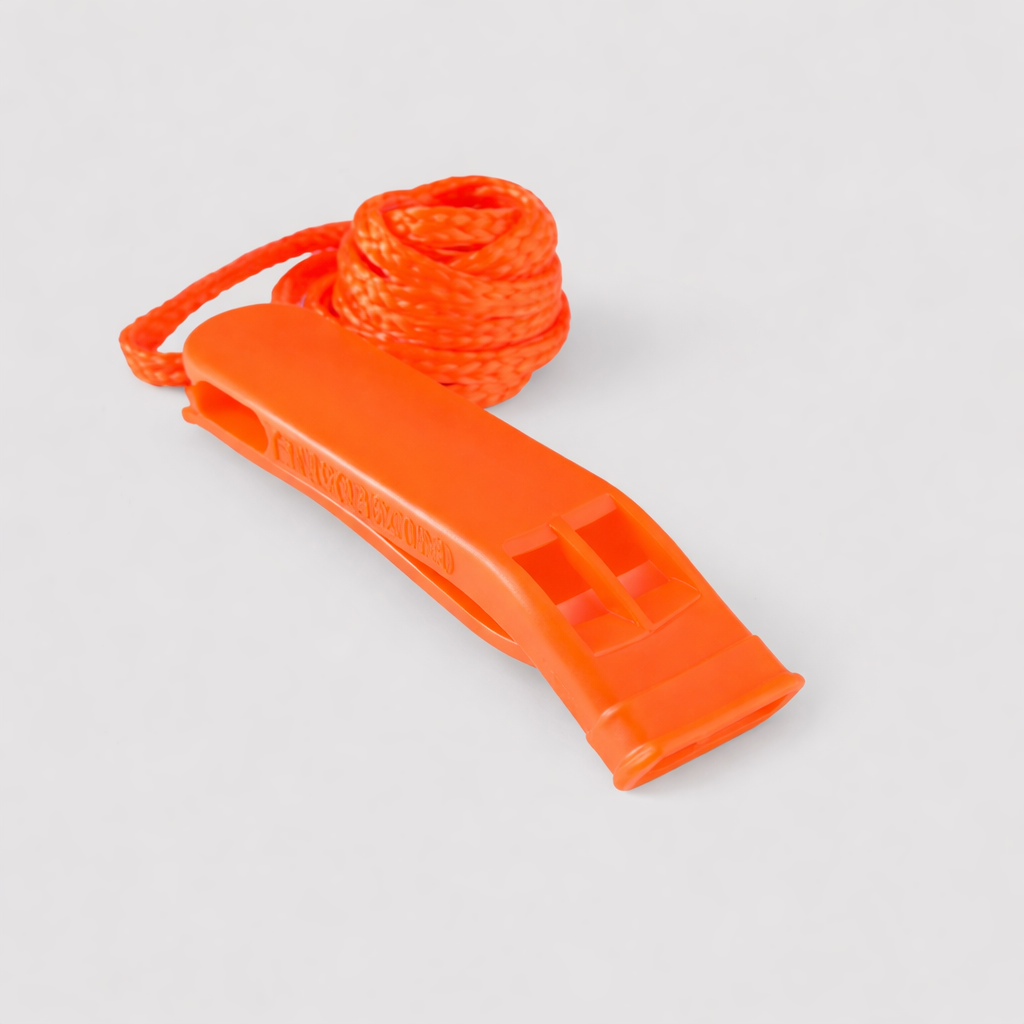Orange whistle with a rope on a light gray background