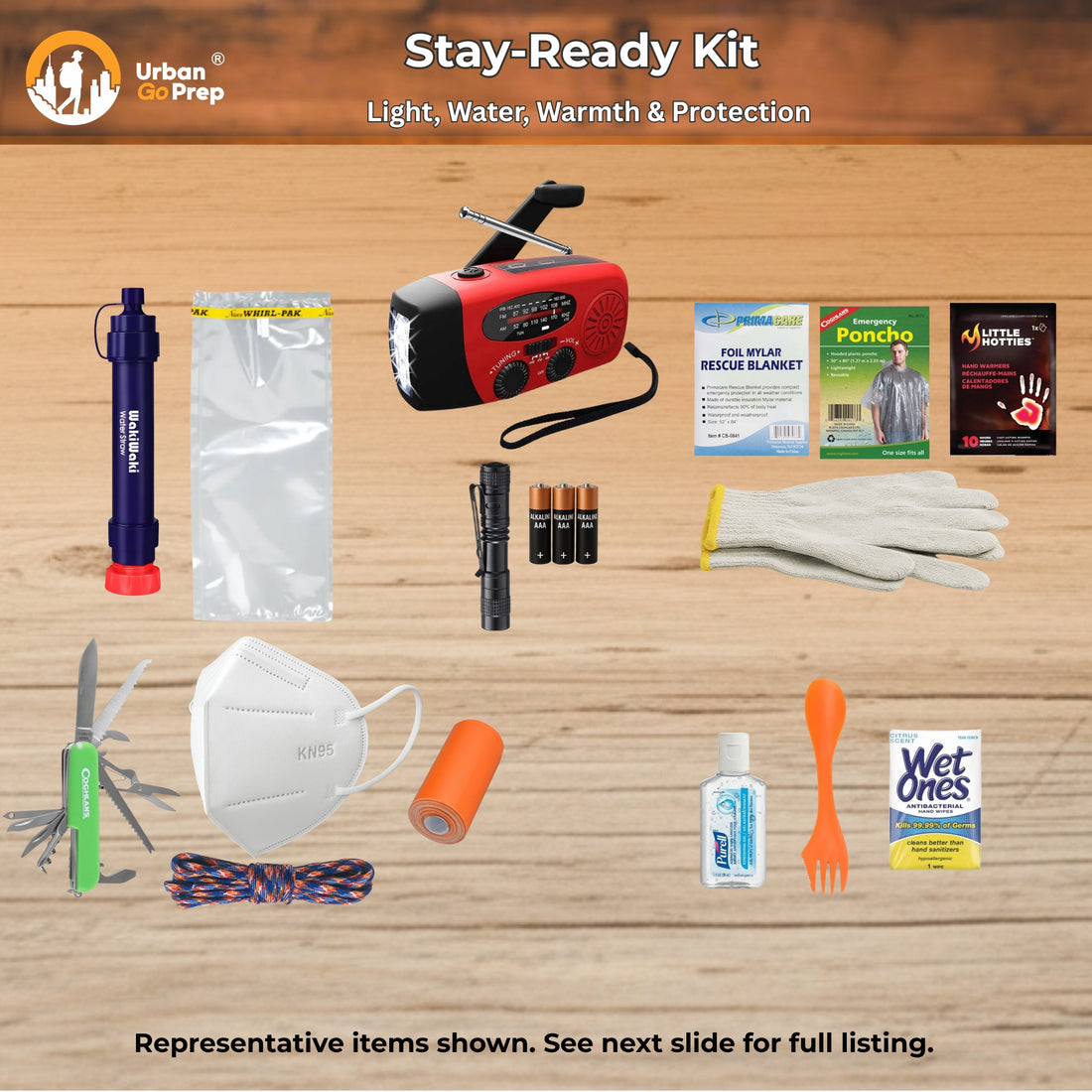 Stay-Ready Kit product collage on a wood background showing multiple preparedness items: a red and black portable radio, blue water filter straw, clear plastic pouch, flashlight, batteries, first-aid kit, gloves, knife, face mask, orange roll, cord, hand sanitizer, orange spoon, and Wet Ones wipes. Text at top reads &