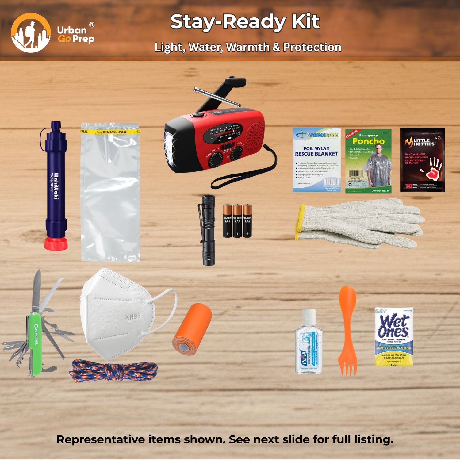 Stay-Ready Kit product collage on a wood background showing multiple preparedness items: a red and black portable radio, blue water filter straw, clear plastic pouch, flashlight, batteries, first-aid kit, gloves, knife, face mask, orange roll, cord, hand sanitizer, orange spoon, and Wet Ones wipes. Text at top reads &