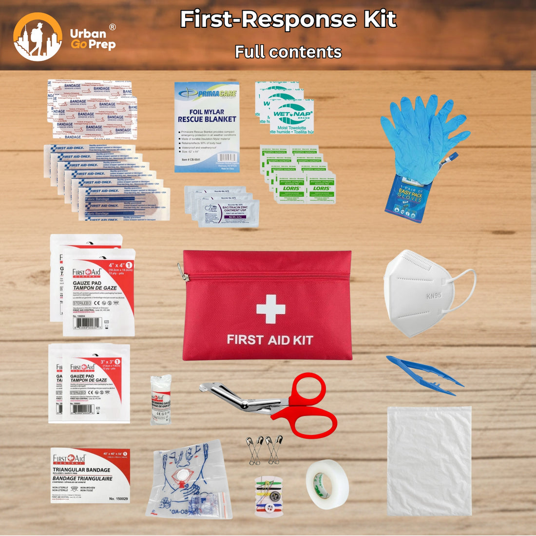 Urban Grip Prep First-Response Kit contents arranged on a light wood background, including a red first aid pouch, blue gloves, face mask, scissors, tape, bandages, gauze, and other emergency response supplies.