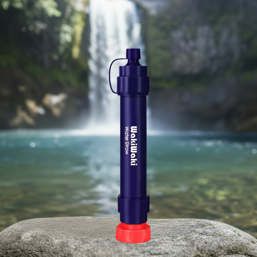A dark blue cylindrical water pump with a red base sits on a large gray rock in front of a blurred waterfall and river background. The product features the brand name &